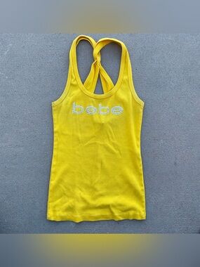 Y2K Bebe yellow tank top with rhinestone logo Size M